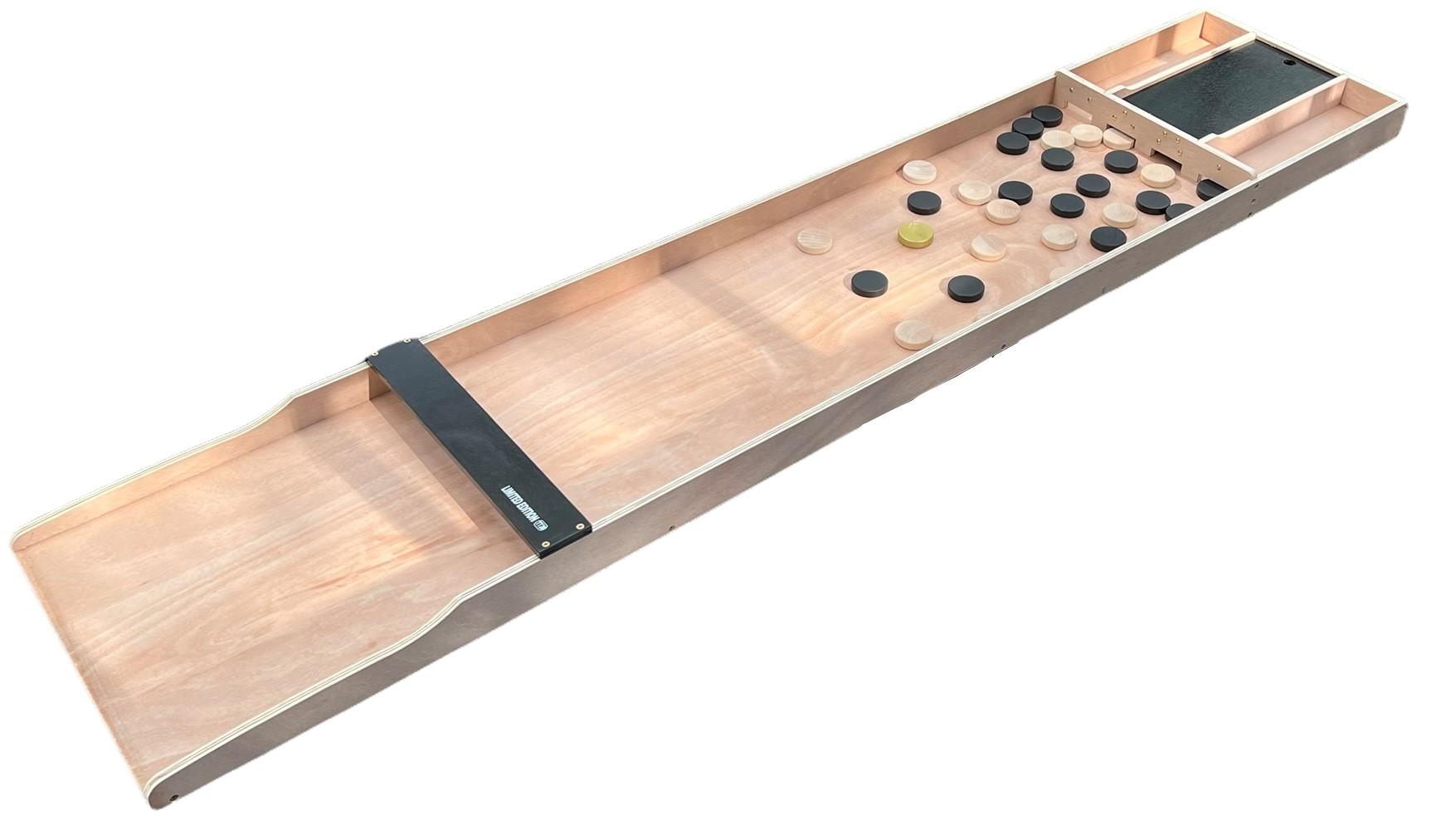 Sjoelbak Battle Shuffle - Nieuw spelelement - Gouden sjoelsteen voor extra punten - Limited Edition - Wedstrijdsjoelbak 200 cm - Inclusief 30 Sjoelstenen 