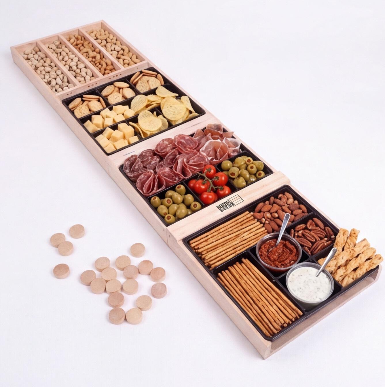 BorrelSjoelbak® - Hapjesplank met Uitneembare Bakjes - 120 cm - Borrelplank Opvouwbaar